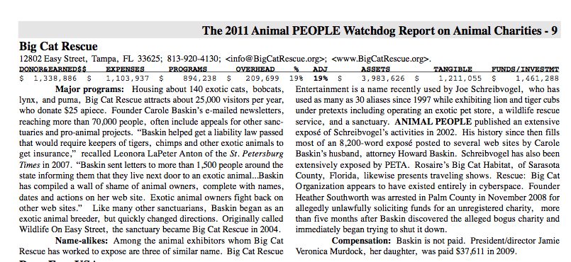 2011 Animal People Watchdog Report  Channel 10 Repeats Big Cat Abusers Lies 2011AnimalPeopleWatchdogReport