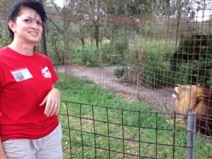 Volunteer Laura takes a break from data entry to visit Joseph Lion