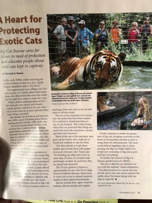THANK YOU to Florida Currents Magazine for this article about Big Cat Rescue. https://www.floridacurrents.com/a-heart-for-protecting-exotic-cats/  October 26 2019 73307319 2475763629328382 7264218800659103744 n
